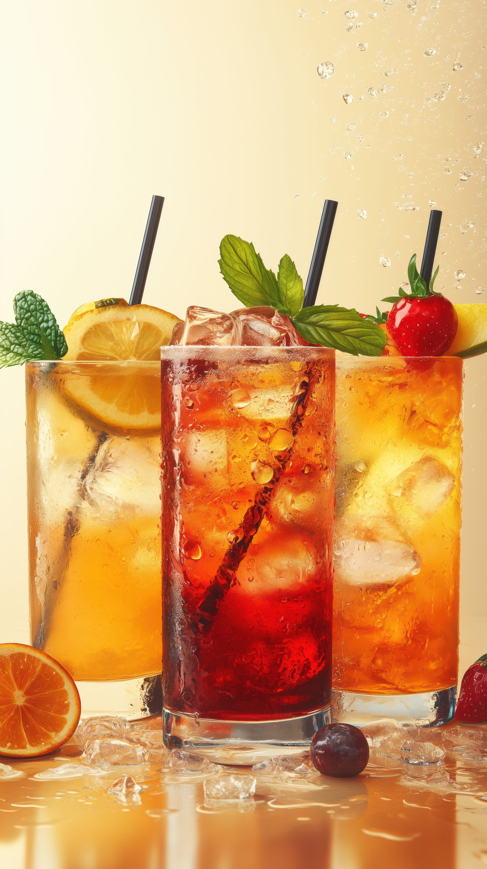 Refreshing summer drinks featuring citrus, berries, and mint in clear glasses surrounded by ice and fruit slices